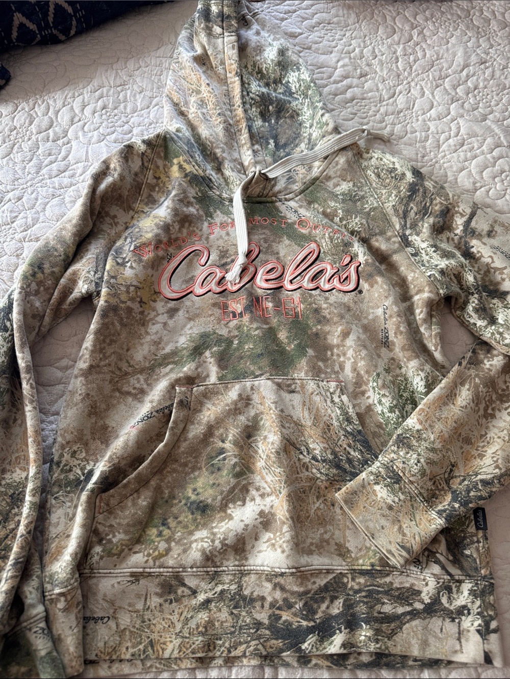 Cabela's Tan and Green Realtree Camo Hoodie with Pink Script Logo